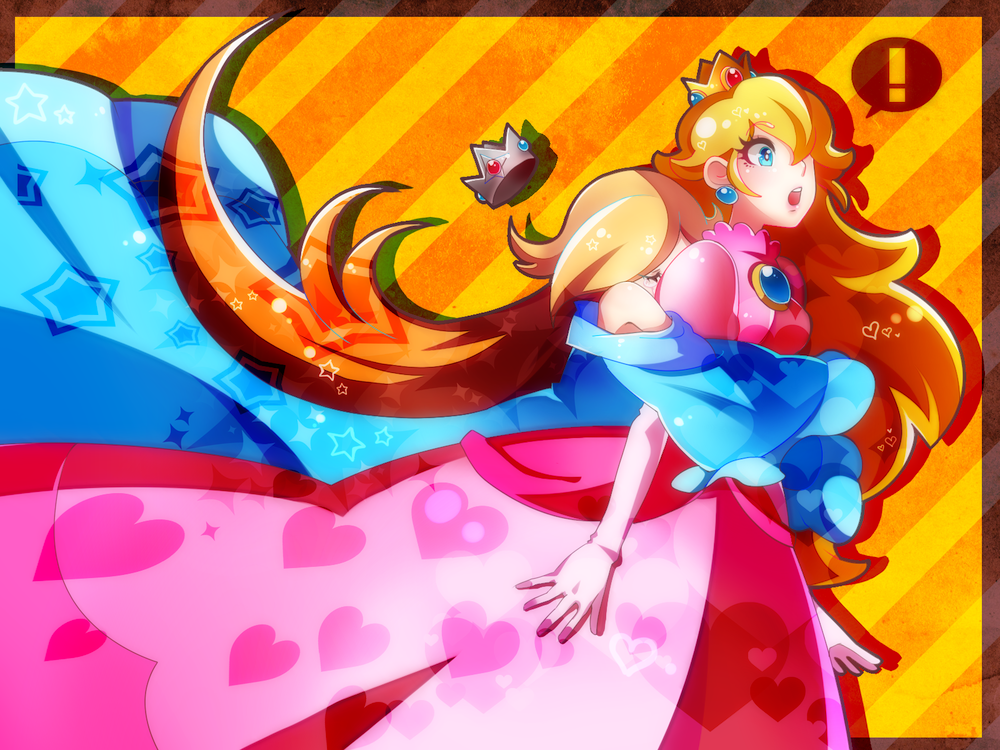 hachimaru (ediciusa), princess peach, rosalina, mario (series), nintendo, !, 2girls, :o, blonde hair, blue dress, blue eyes, crown, crying, dress, earrings, elbow gloves, gloves, heart, hug, hug from behind, jewelry, long hair, long sleeves, multiple girls, open mouth, pink dress, puffy short sleeves, puffy sleeves, short sleeves, spoken exclamation mark, star (symbol), teeth, unworn crown, upper teeth only, very long hair, white gloves, yuri