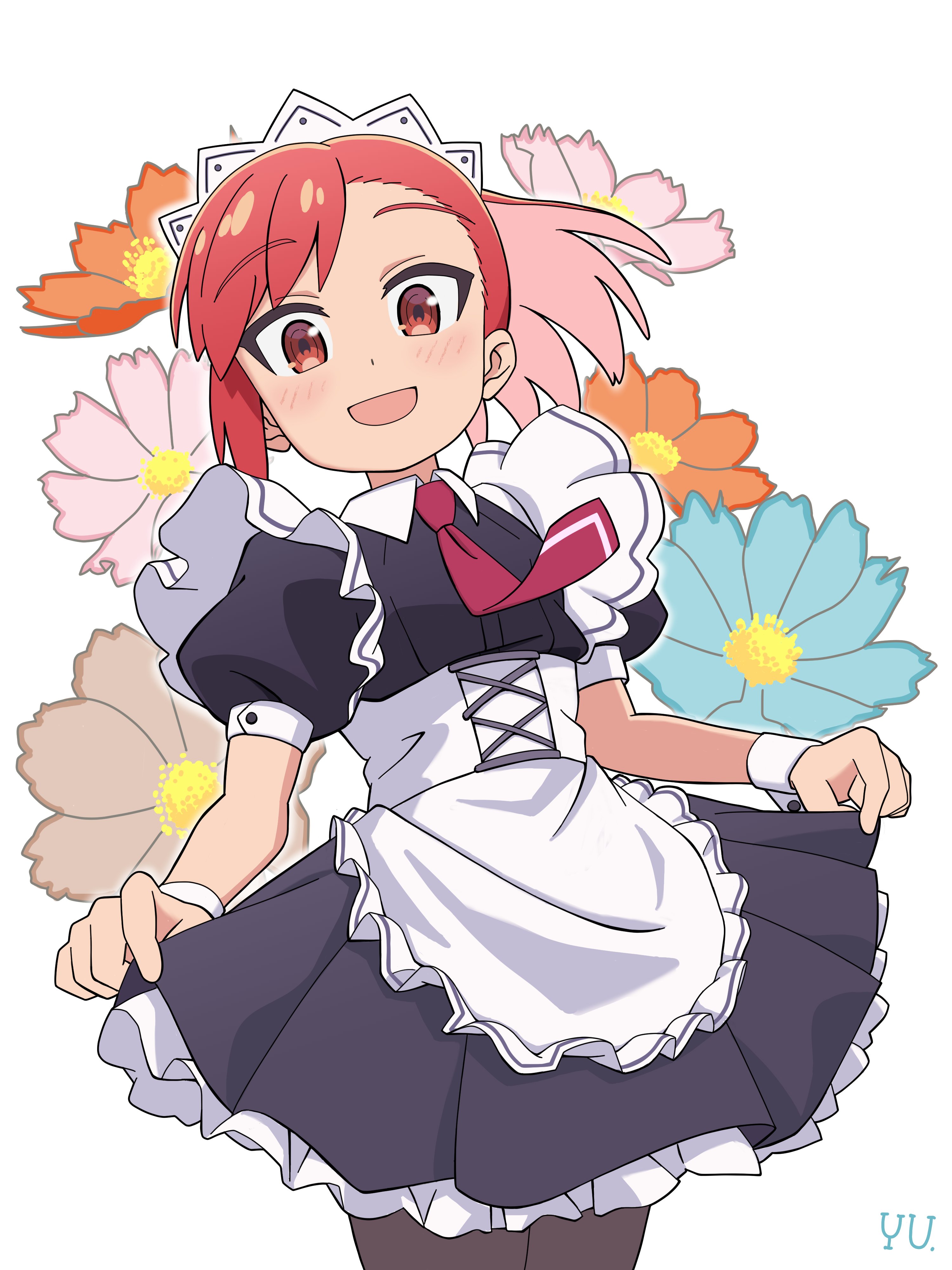 seto shouko, ruri no houseki, absurdres, commentary, highres, 1girl, :d, alternate costume, apron, artist name, bare arms, black pantyhose, colored inner hair, cowboy shot, enmaided, floral background, frilled apron, frilled skirt, frills, light blush, looking at viewer, maid, maid headdress, multicolored hair, necktie, open mouth, pantyhose, pink hair, ponytail, puffy short sleeves, puffy sleeves, red eyes, red hair, red necktie, short sleeves, simple background, skirt, skirt hold, smile, solo, two-tone hair, waist apron, white apron, white background, wrist cuffs, yu bookmark