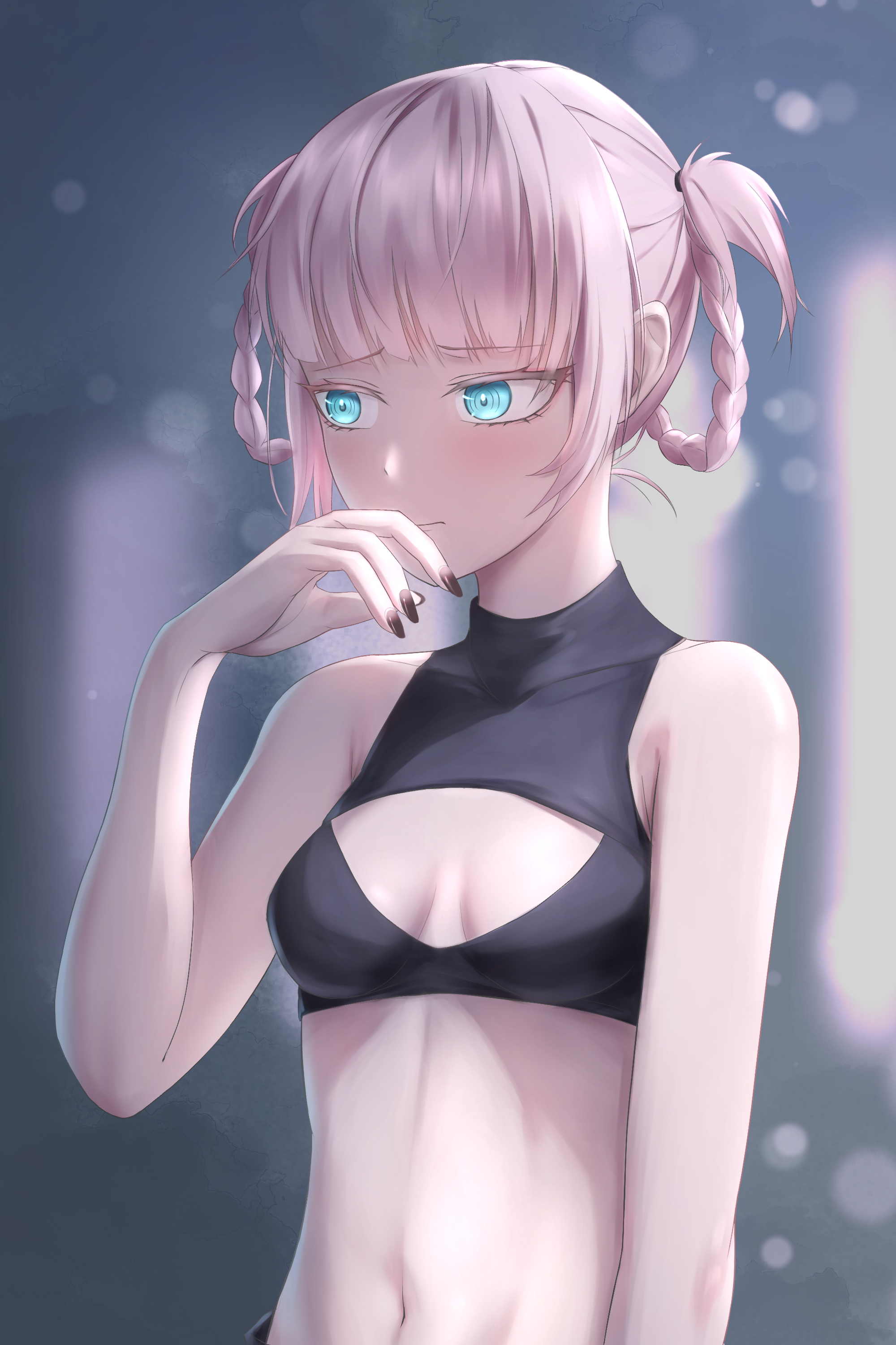 zerohachi, nanakusa nazuna (yofukashi no uta), yofukashi no uta, absurdres, commentary, highres, 1girl, bare shoulders, black nails, blue eyes, blunt bangs, blush, braid, braided hair rings, breasts, cleavage, cleavage cutout, closed mouth, clothing cutout, collarbone, crop top, embarrassed, hair rings, hand up, looking to the side, midriff, navel, ringed eyes, sidelocks, sleeveless, sleeveless turtleneck, small breasts, solo, standing, turtleneck, upper body
