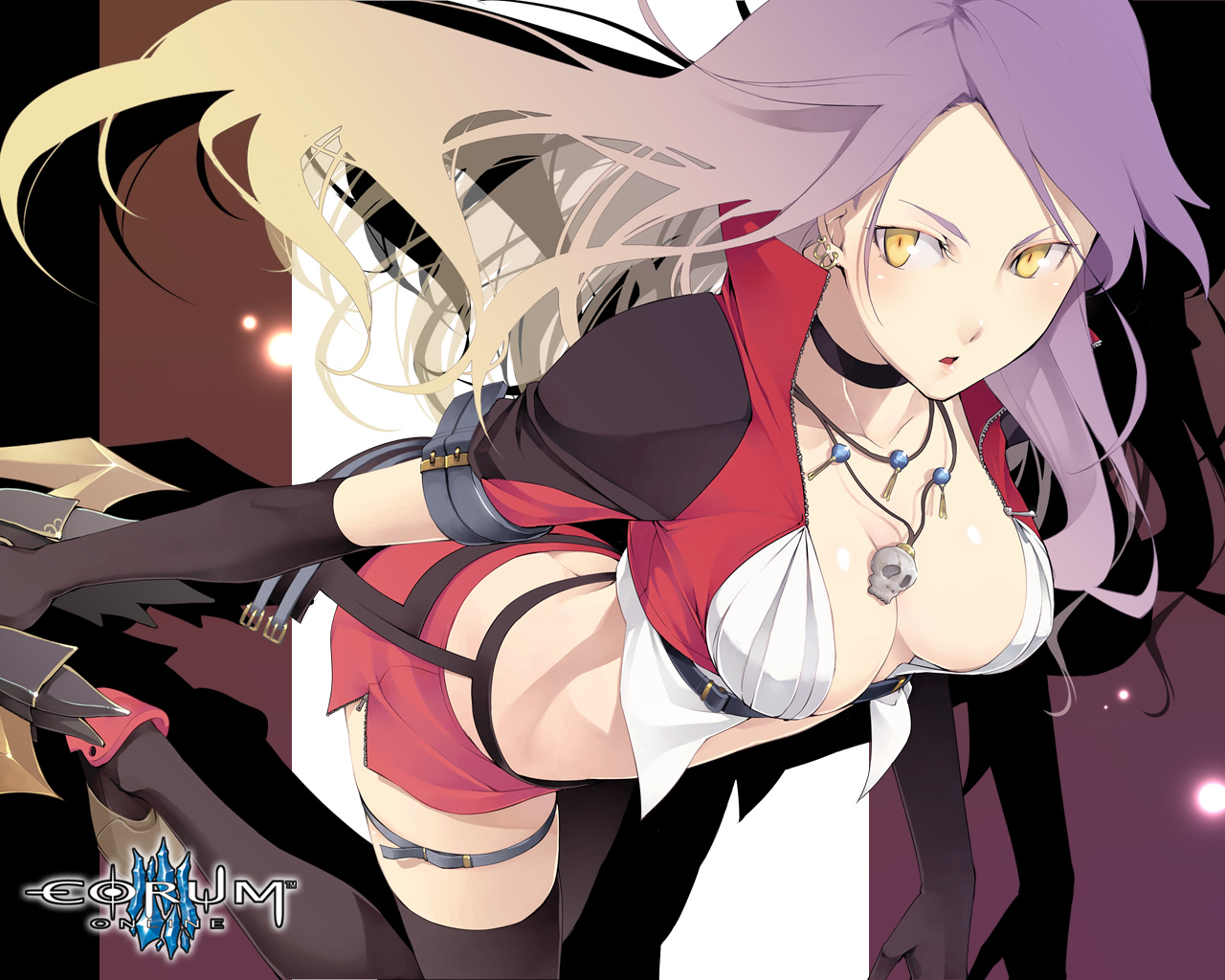 kyo (kuroichigo), corum online, official art, official wallpaper, 1girl, :o, arched back, black thighhighs, blonde hair, breasts, choker, cleavage, copyright name, downblouse, earrings, female focus, gradient hair, jewelry, large breasts, logo, long hair, midriff, multicolored hair, necklace, open clothes, open shirt, purple hair, shirt, skull, solo, thigh strap, thighhighs, yellow eyes