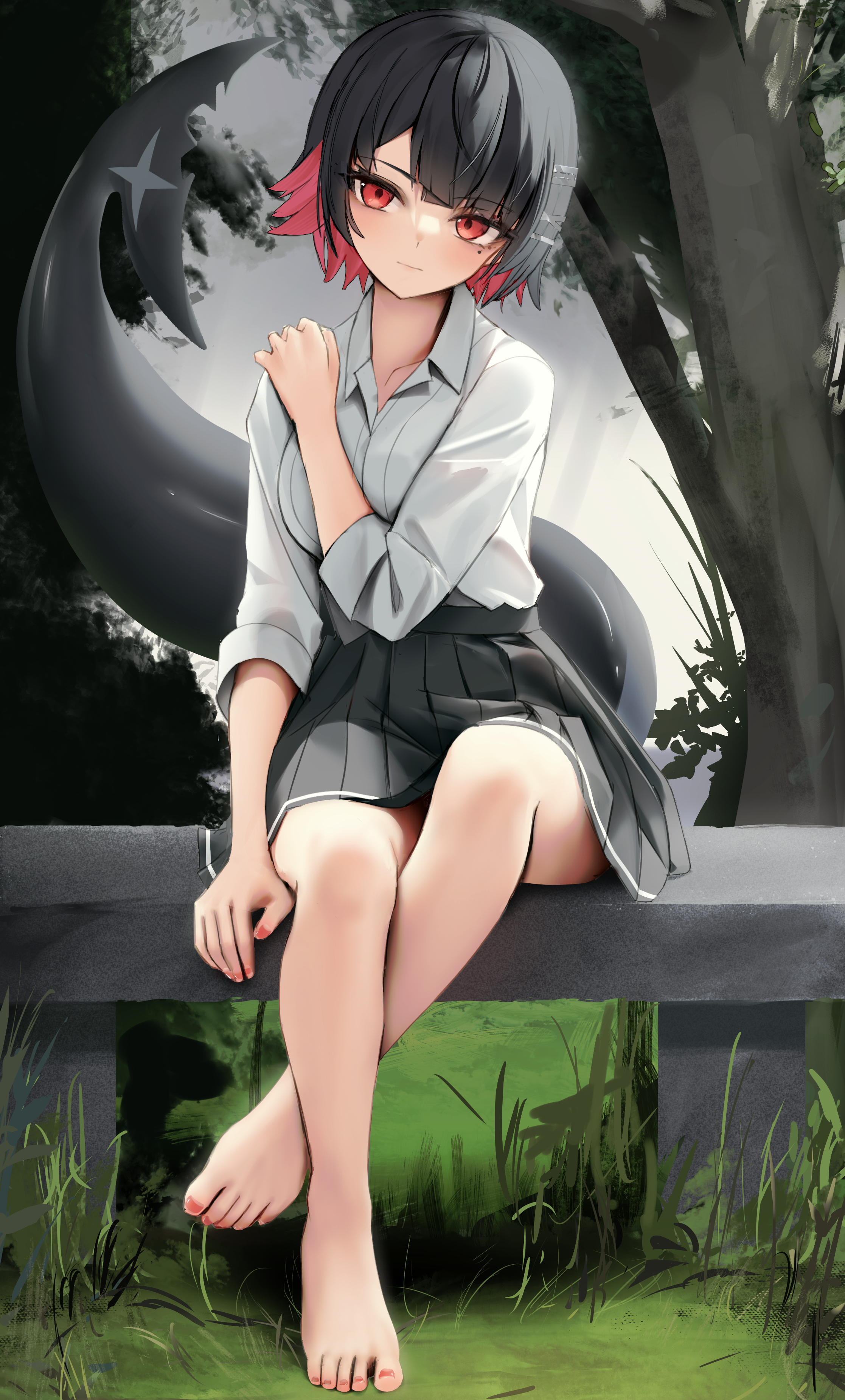 thomas 8000, ellen joe, ellen joe (on campus), zenless zone zero, absurdres, commentary request, highres, revision, 1girl, barefoot, black hair, black skirt, breasts, colored inner hair, crossed legs, fins, fish tail, grass, hand on own shoulder, large breasts, light smile, mole, mole under eye, multicolored hair, on bench, razor blade hair ornament, red eyes, red hair, shark girl, shark tail, shirt, short hair, sitting, skirt, solo, tail, tree, white shirt