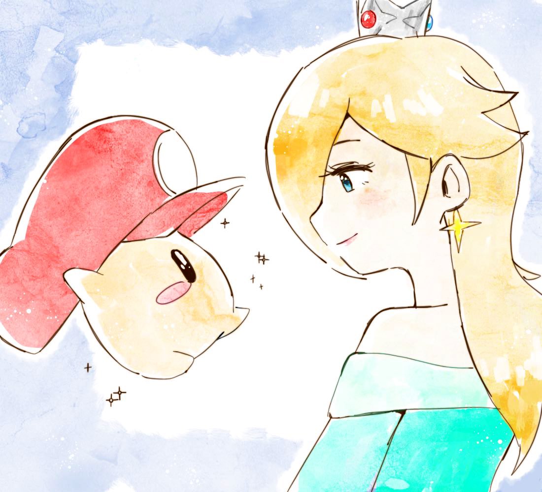 luma (mario), rosalina, mario (series), nintendo, super mario galaxy, 1girl, baby luma, blonde hair, blue dress, blue eyes, closed mouth, crown, dress, earrings, hat, jewelry, kzghk23, looking at another, looking at viewer, mario hat, off-shoulder dress, off shoulder, red hat, smile, star (symbol), star earrings, upper body