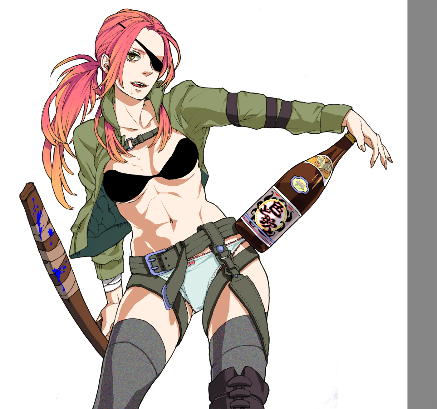 takase (harakiri), original, baton, highres, 1girl, abs, alcohol, baton (weapon), beer, bottle, bra, eyepatch, female focus, lingerie, multicolored hair, muscular, panties, pink hair, ponytail, solo, thighhighs, toned, toned female, tonfa, two-tone hair, underwear, weapon, white panties
