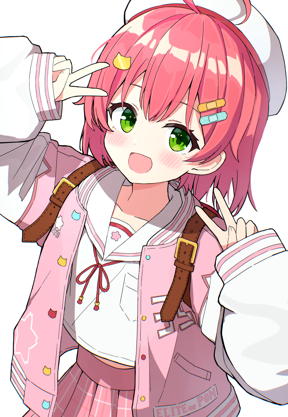kaie, sakura miko, sakura miko (school uniform), hololive, highres, 1girl, :d, ahoge, backpack, bag, beret, blush, cat hair ornament, double v, green eyes, hair between eyes, hair ornament, hands up, hat, jacket, letterman jacket, long sleeves, open clothes, open jacket, open mouth, pink hair, pink jacket, pink skirt, plaid clothes, plaid skirt, pleated skirt, puffy long sleeves, puffy sleeves, sailor collar, school uniform, serafuku, shirt, simple background, skirt, sleeves past wrists, smile, solo, v, virtual youtuber, white background, white hat, white sailor collar, white shirt