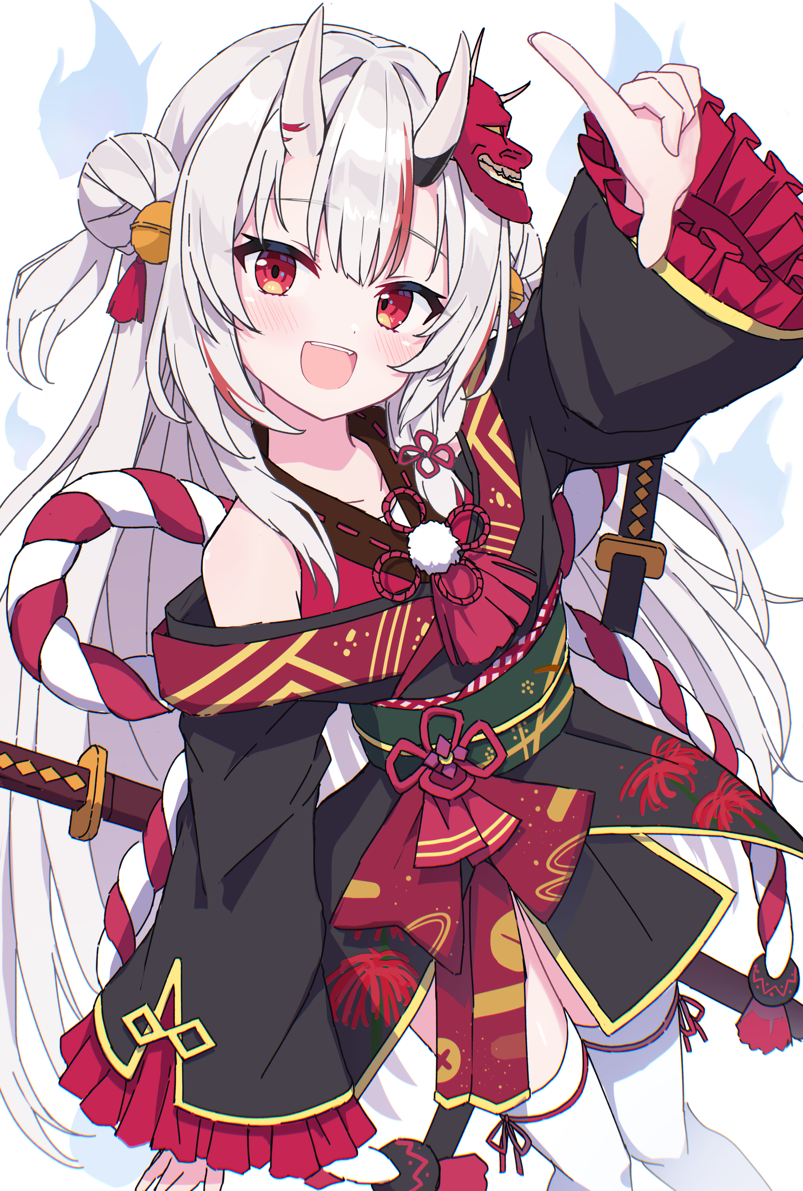 kaie, nakiri ayame, nakiri ayame (1st costume), hololive, absurdres, highres, 1girl, :d, bare shoulders, bell, black kimono, double bun, frilled sleeves, frills, hair bell, hair bun, hair ornament, horns, index finger raised, japanese clothes, jingle bell, kimono, long hair, long sleeves, looking at viewer, mask, mask on head, multicolored hair, obi, off shoulder, oni, oni mask, open mouth, red eyes, red hair, ribbon trim, sash, single horn, sleeves past wrists, smile, solo, streaked hair, thighhighs, two side up, very long hair, virtual youtuber, white background, white thighhighs, wide sleeves