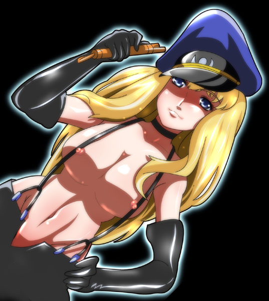 higashiyama (higashiyama honpo l.t.d), sheryl nome, macross, macross frontier, 00s, 1girl, blonde hair, blue eyes, breasts, female focus, gloves, hat, large breasts, long hair, naked suspenders, nipples, peaked cap, revealing clothes, solo, suspenders, topless female