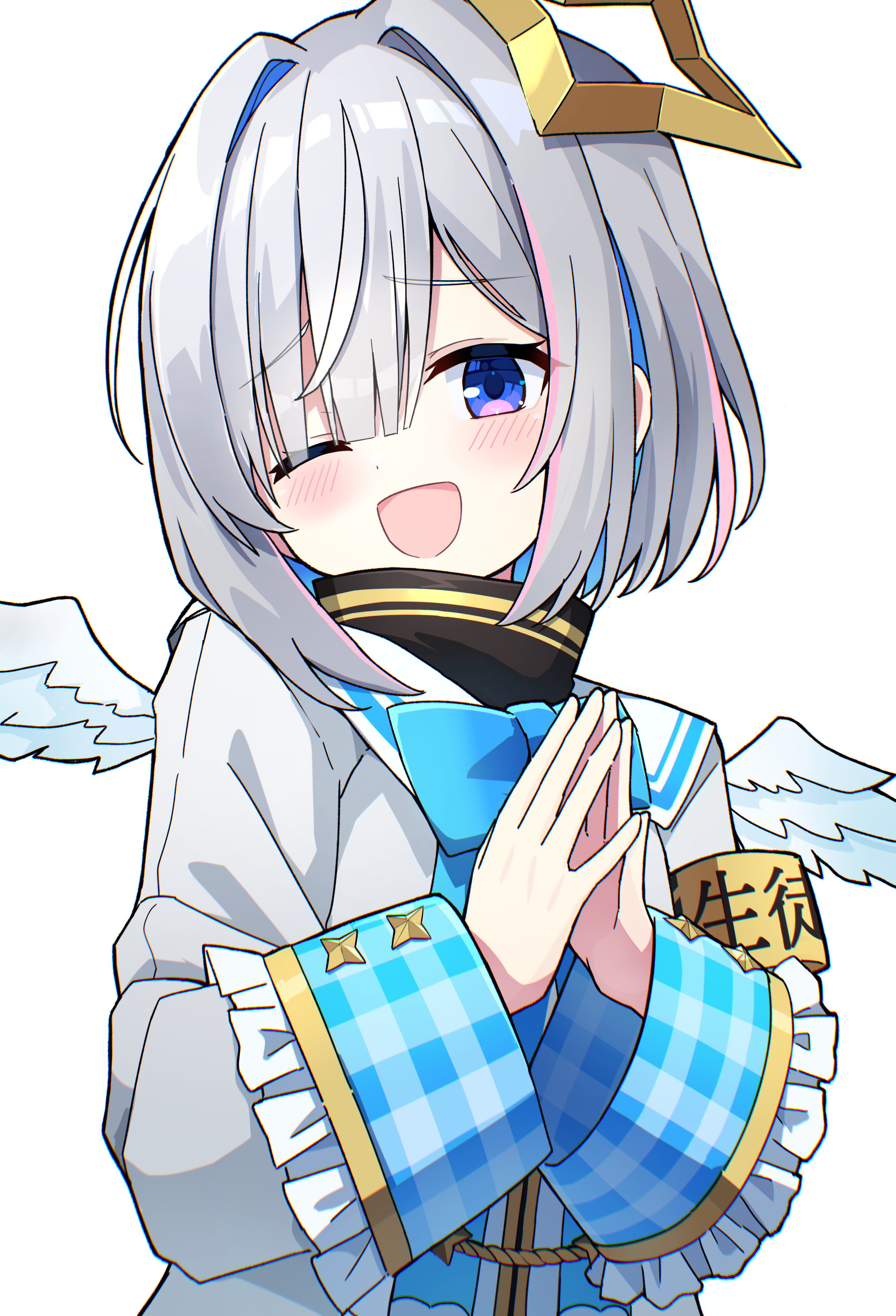 kaie, amane kanata, amane kanata (1st costume), hololive, absurdres, highres, 1girl, ;d, armband, black shirt, blue bow, blue eyes, blue hair, blush, bow, feathered wings, frilled sleeves, frills, grey hair, grey jacket, hair intakes, hair over one eye, jacket, long sleeves, looking at viewer, mini wings, multicolored hair, one eye closed, open mouth, shirt, short hair, simple background, smile, solo, steepled fingers, two-tone hair, upper body, virtual youtuber, white background, white wings, wings