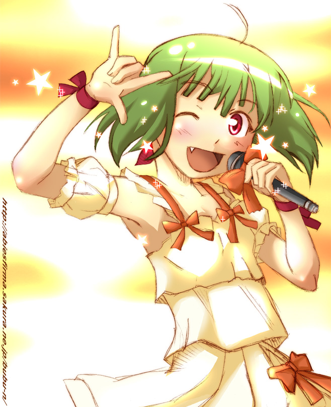 nyazui, ranka lee, macross, macross frontier, 00s, 1girl, :d, blouse, female focus, green hair, m/, one eye closed, open mouth, red eyes, seikan hikou, shirt, smile, solo