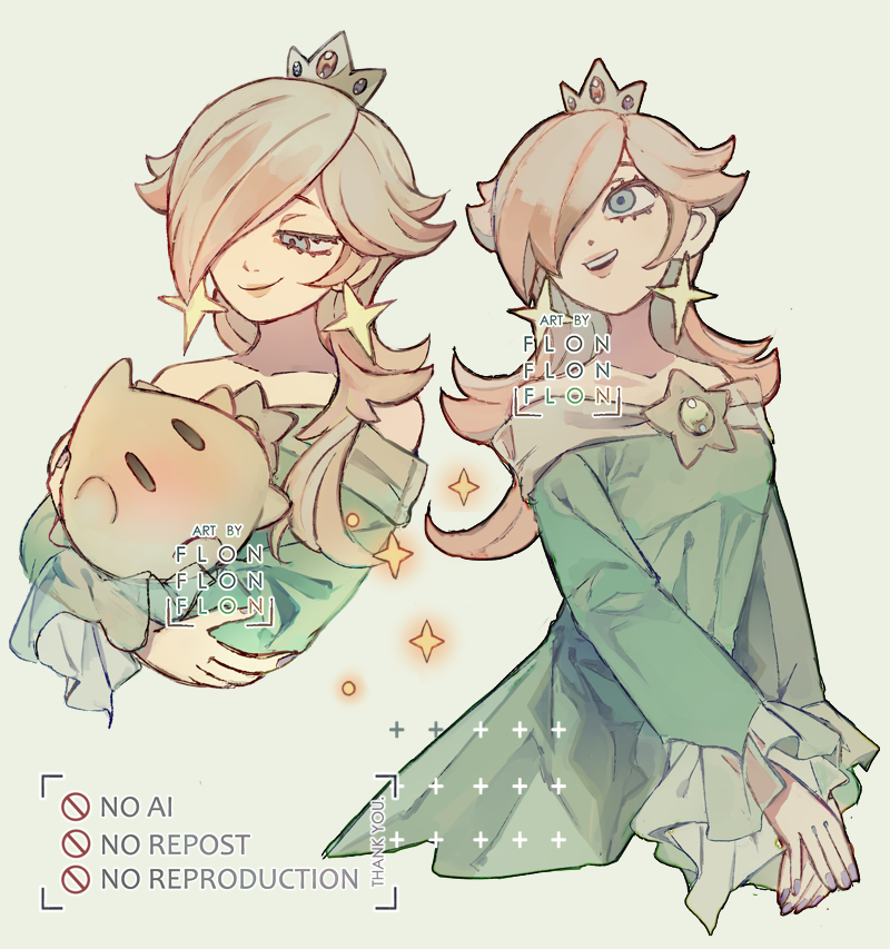 flonflonflon, luma (mario), rosalina, mario (series), nintendo, 1girl, aqua dress, blonde hair, blue eyes, brooch, carrying, crown, dress, earrings, hair over one eye, holding, jewelry, long hair, long sleeves, multiple views, off-shoulder dress, off shoulder, open mouth, smile, star (symbol), star brooch, star earrings, watermark
