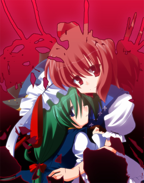 fuji tooya, fuji toya, onozuka komachi, shiki eiki, touhou, 2girls, blue eyes, female focus, flower, green hair, hug, multiple girls, red eyes, red flower, red hair, spider lily