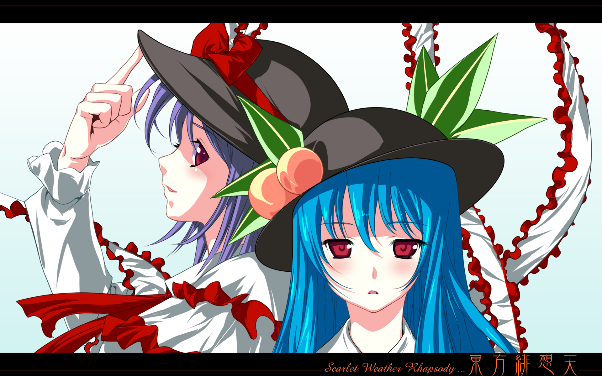mahan (clock hearts), hinanawi tenshi, nagae iku, touhou, highres, 2girls, blue hair, female focus, food, fruit, gradient background, hat, letterboxed, long hair, multiple girls, peach, purple hair, ribbon, short hair, white background