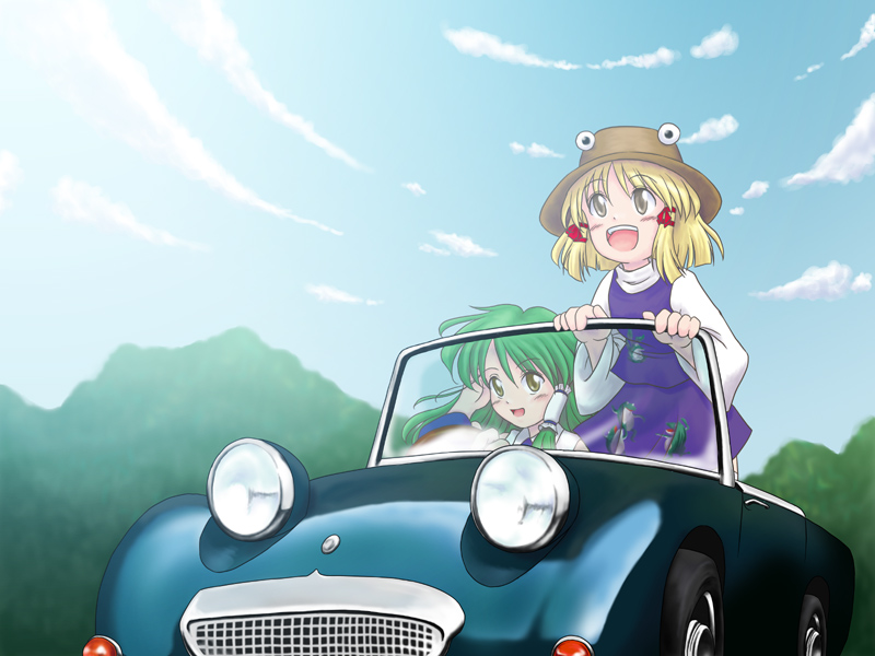 sakurato tsuguhi, kochiya sanae, moriya suwako, pyonta, touhou, 2girls, adjusting hair, austin healey sprite, blonde hair, blush, car, cloud, convertible, day, driving, female focus, green hair, happy, hat, japanese clothes, long hair, miko, motor vehicle, multiple girls, nature, outdoors, plant, ribbon, short hair, skirt, sky, smile, standing, vehicle focus