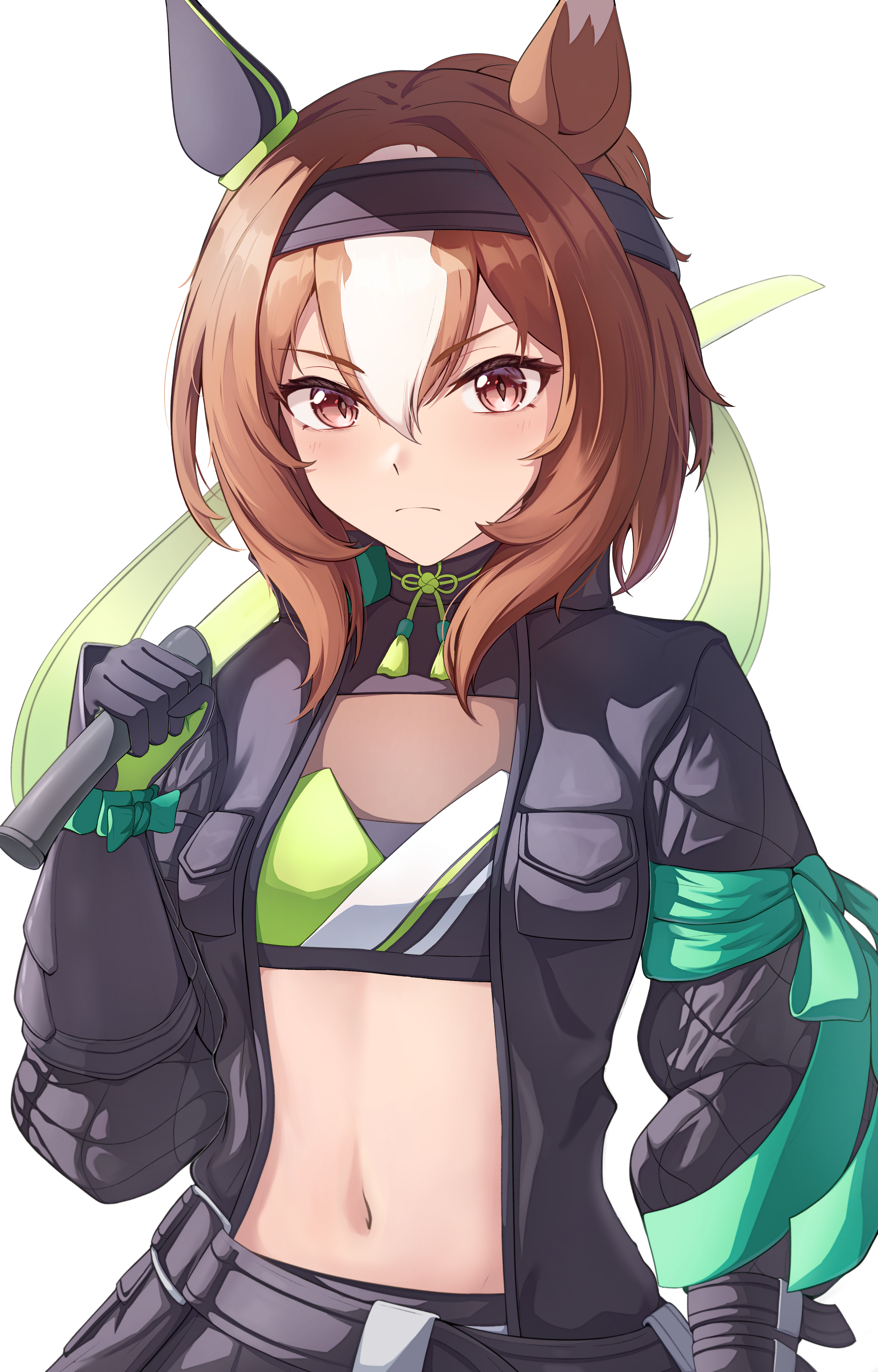 1m5papa, yaeno muteki (black general zen) (umamusume), yaeno muteki (umamusume), umamusume, absurdres, highres, 1girl, animal ears, armband, black headband, black jacket, black skirt, blush, breasts, brown eyes, brown hair, cowboy shot, crop top, ear covers, ear ornament, green armband, hair between eyes, hair ornament, headband, holding, holding weapon, horse ears, horse girl, jacket, looking at viewer, midriff, multicolored hair, navel, official alternate costume, open clothes, open jacket, short hair, sidelocks, simple background, single ear cover, skirt, small breasts, solo, standing, streaked hair, sword, weapon, white background, white hair
