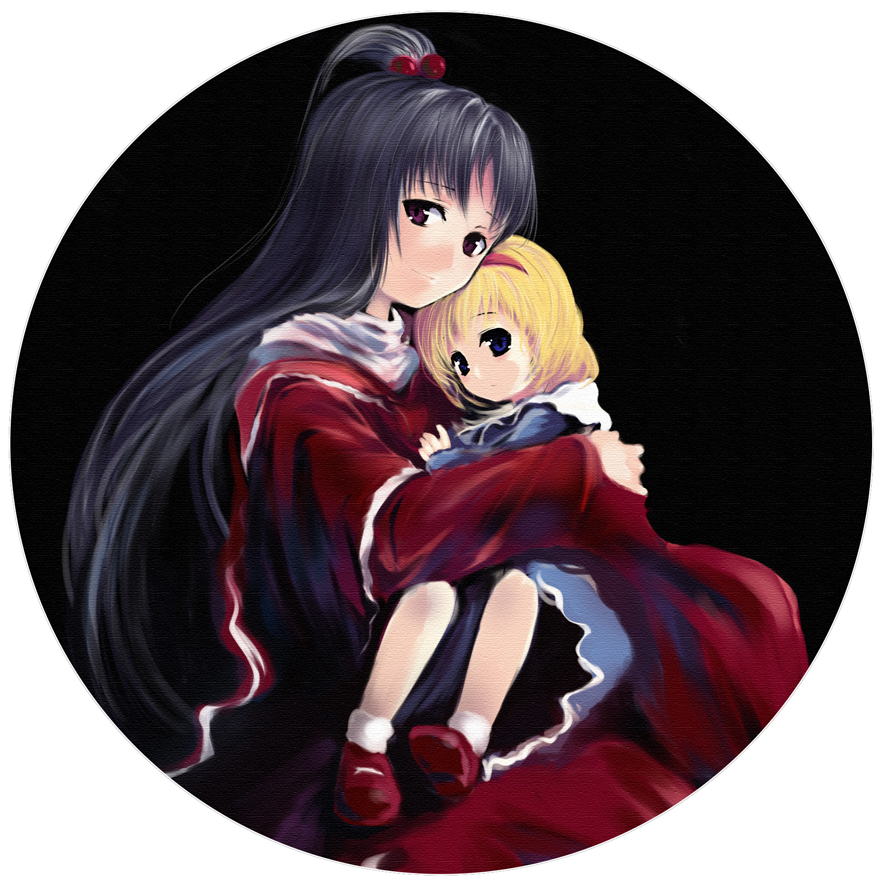 cofepig, alice margatroid, shinki (touhou), mystic square, touhou, touhou (pc-98), bad id, bad pixiv id, 2girls, black background, blonde hair, female focus, long hair, multiple girls, ribbon, short hair, sitting, white background