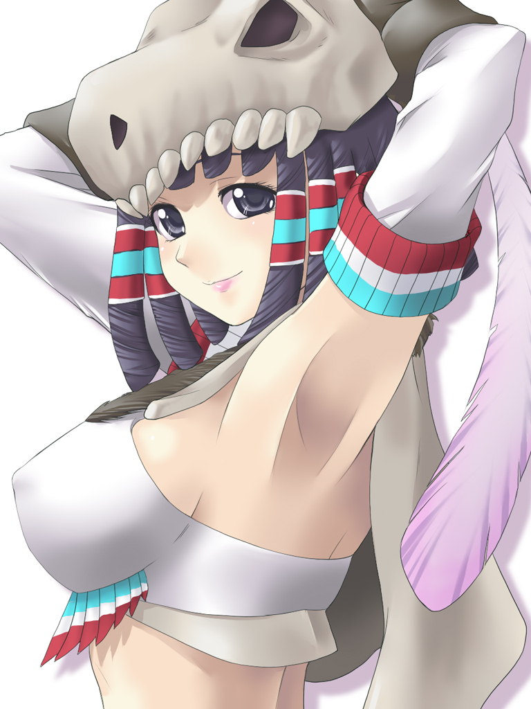 yaso shigeru, capcom, monster hunter (series), 1girl, armpits, arms behind head, black hair, blue eyes, bone armor (monster hunter), feathers, female focus, from side, lips, midriff, skull, smile, solo