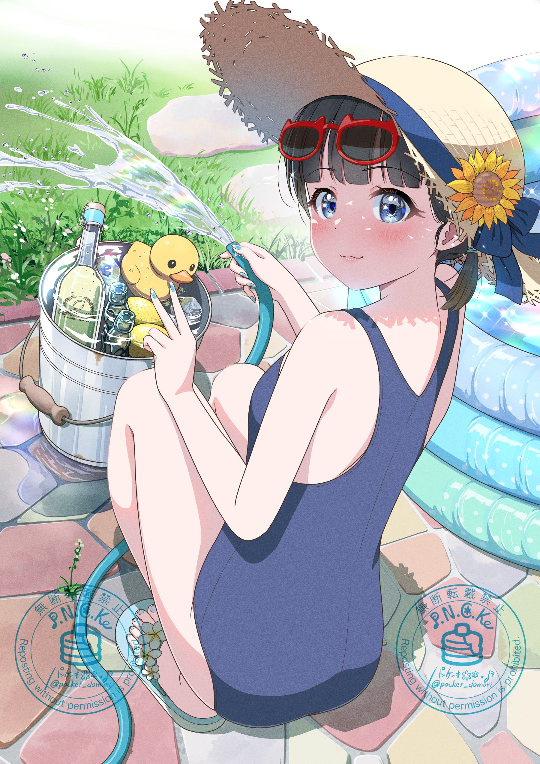 pancake (pocket domori), original, absurdres, commentary request, highres, variant set, 1girl, :3, aqua nails, aqua sandals, artist logo, ass, black hair, blue eyes, blue one-piece swimsuit, blue ribbon, blush, bucket, closed mouth, cobblestone, day, eyewear on head, flower, full body, glass bottle, grass, hands up, hat, hat flower, hat ribbon, holding, holding hose, hose, logo, looking at viewer, looking back, nail polish, one-piece swimsuit, outdoors, red-framed eyewear, ribbon, rubber duck, sandals, shade, short hair, solo, sparkle, squatting, straw hat, summer, sunglasses, sunlight, swimsuit, toenail polish, toenails, toes, turning head, wading pool, water, watermark, yellow flower