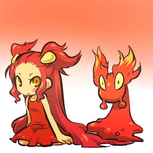 hitec, slugma, moemon, nintendo, pokemon, pokemon gsc, 1990s (style), 1girl, blush stickers, costume, creature and personification, dress, fire, gen 2 pokemon, hair ornament, hairclip, kneeling, long hair, personification, pokemon (creature), red hair, retro artstyle, simple background, sleeveless, very long hair, yellow eyes