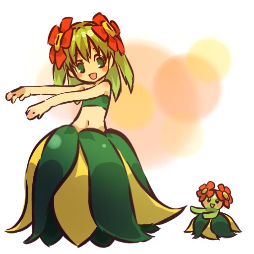 chil, hitec, bellossom, moemon, nintendo, pokemon, pokemon gsc, 1990s (style), 1girl, aged down, bandeau, blonde hair, blush, blush stickers, child, creature and personification, dancing, flower, gen 2 pokemon, grass skirt, green eyes, green hair, hair flower, hair ornament, hula, matching hair/eyes, midriff, navel, personification, pokemon (creature), retro artstyle, short hair, simple background, skirt, sleeveless, standing, strapless, tube top