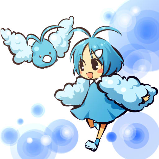 hitec, swablu, moemon, nintendo, pokemon, pokemon rse, 00s, 1girl, :d, antenna hair, bird, blue hair, blue theme, blush stickers, child, cloud, creature and personification, dress, gen 3 pokemon, hair ornament, hairclip, hairpin, open mouth, personification, pokemon (creature), running, short hair, simple background, smile, socks, wings