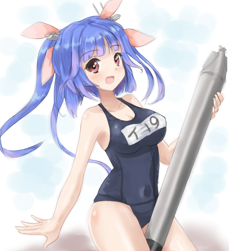 kitagawa mikio, i-19 (kancolle), kantai collection, 1girl, black one-piece swimsuit, blue hair, covered navel, hair ribbon, long hair, name tag, old school swimsuit, one-piece swimsuit, red eyes, ribbon, school swimsuit, smile, solo, swimsuit, torpedo, tri tails, twintails