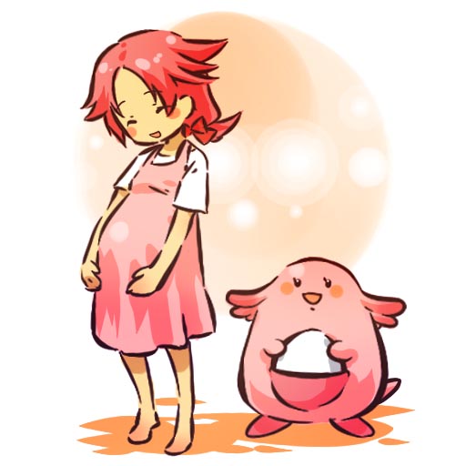 hitec, chansey, moemon, nintendo, pokemon, pokemon rgby, 1990s (style), 1girl, barefoot, blush, blush stickers, bow, closed eyes, creature and personification, dress, egg, full body, gen 1 pokemon, happy, open mouth, personification, pink hair, pokemon (creature), pregnant, retro artstyle, short hair, simple background, smile, standing