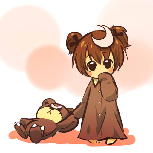 hitec, teddiursa, moemon, nintendo, pokemon, pokemon gsc, 1990s (style), 1girl, barefoot, blush stickers, brown hair, chibi, child, costume, creature and personification, female focus, full body, gen 2 pokemon, hair ornament, hand to own mouth, head tilt, lingerie, long sleeves, nightgown, pajamas, personification, retro artstyle, short hair, short twintails, simple background, sleeves past wrists, solo, standing, stuffed animal, stuffed toy, teddy bear, twintails, underwear
