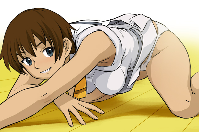 haruyama kazunori, mikomoto sayaka, real drive, 1girl, all fours, armpit peek, armpits, blue eyes, brown hair, clothes lift, female focus, panties, short hair, skirt, skirt lift, solo, underwear