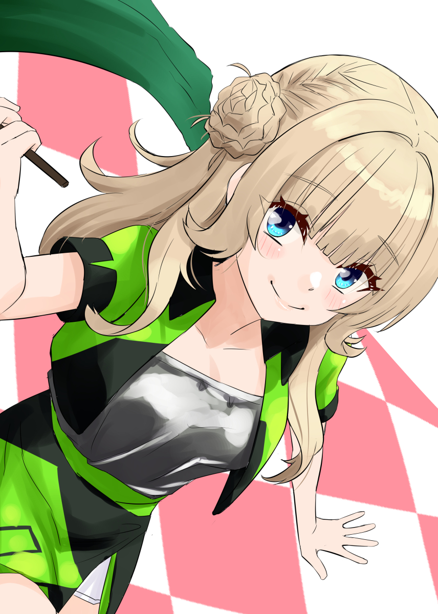 nekotarou (nktr299), ranger (2025 race queen) (kancolle), ranger (kancolle), kantai collection, highres, 1girl, blonde hair, blue eyes, blunt bangs, c2 race queen uniform, checkered floor, cropped jacket, double bun, dutch angle, flag, green jacket, green skirt, hair bun, holding, holding flag, jacket, multicolored jacket, multicolored skirt, official alternate costume, race flag, single side bun, skirt, smile, solo