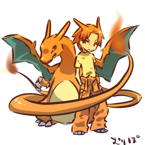 hitec, charizard, moemon, nintendo, pokemon, pokemon rgby, translation request, 1990s (style), 1boy, :<, creature and personification, dragon, fire, flame-tipped tail, gen 1 pokemon, male focus, personification, pokemon (creature), red eyes, red hair, retro artstyle, short hair, simple background, standing, tail