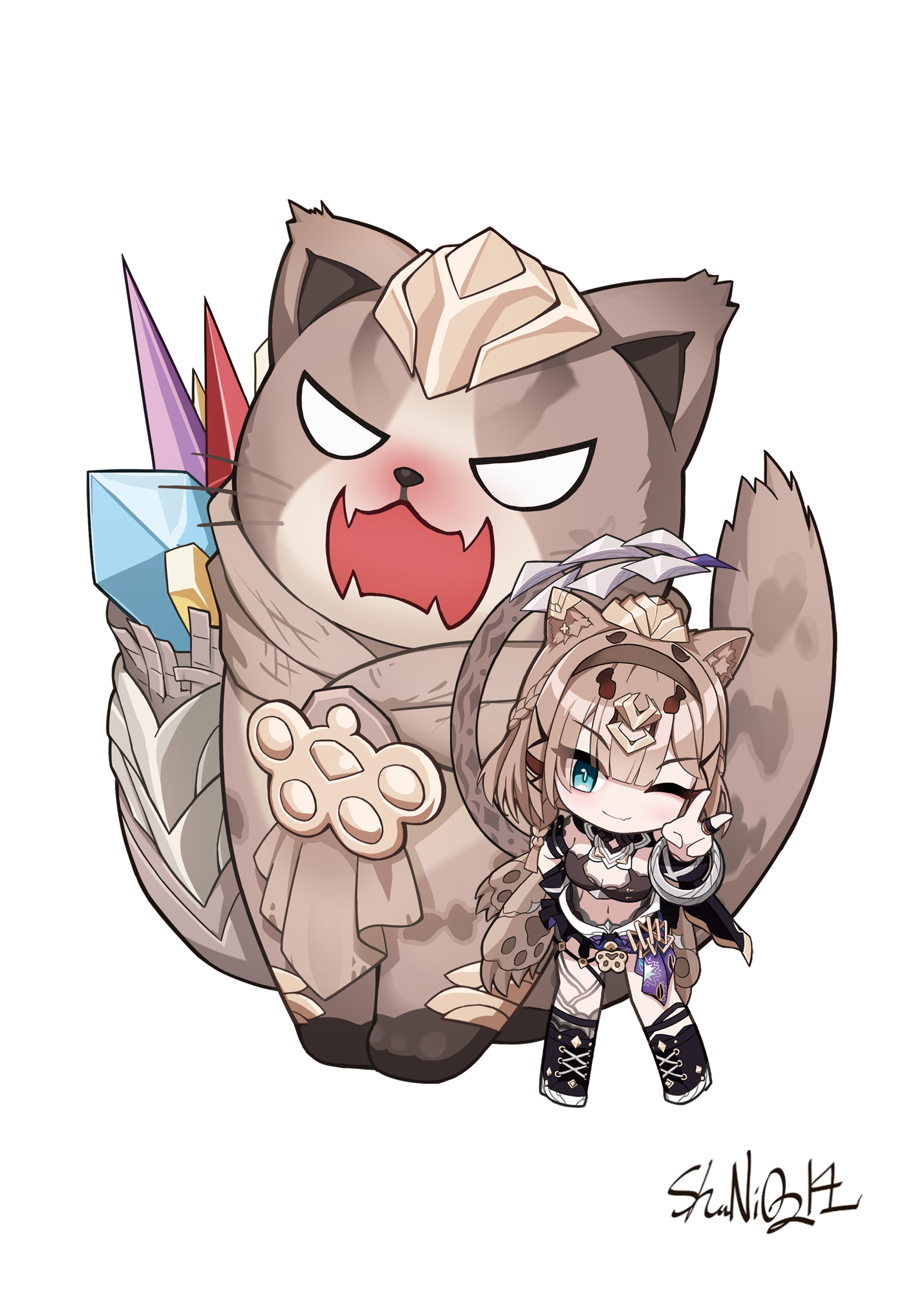 shuni valentine, can (honkai impact), pardofelis, pardofelis (reverist calico), honkai (series), honkai impact 3rd, absurdres, highres, 1girl, ;), animal, animal ear fluff, animal ears, black boots, black skirt, blank eyes, blue eyes, boots, braid, breasts, brown hair, brown hairband, cat, cat ears, cat girl, cat tail, chibi, cleavage, closed mouth, fang, fang out, fangs, hairband, hand up, headpiece, lace-up boots, looking at viewer, medium breasts, navel, one eye closed, open mouth, pleated skirt, signature, simple background, skirt, smile, standing, tail, v, v-shaped eyes, white background