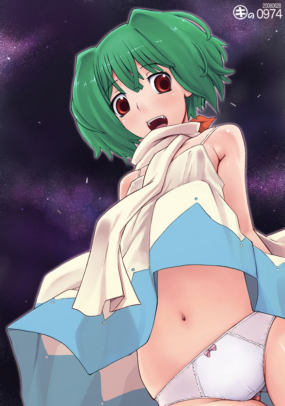 kei jiei, ranka lee, macross, macross frontier, 00s, clothes lift, dress, dress lift, green hair, navel, panties, red eyes, scarf, short hair, skirt, solo, underwear, wind, wind lift