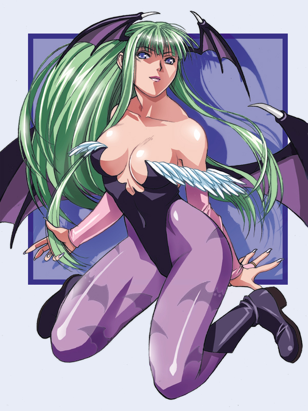 homare (fool's art), morrigan aensland, capcom, darkstalkers, 1girl, animal print, bare shoulders, bat print, bat wings, blue eyes, blunt bangs, boots, breasts, bridal gauntlets, cleavage, demon girl, female focus, fingernails, fur trim, green hair, head wings, highleg, highleg leotard, kneeling, large breasts, leotard, lipstick, long fingernails, long hair, looking at viewer, makeup, nail (hardware), nail polish, no bra, pantyhose, patterned legwear, print pantyhose, purple nails, purple pantyhose, shadow, smile, solo, very long hair, wings