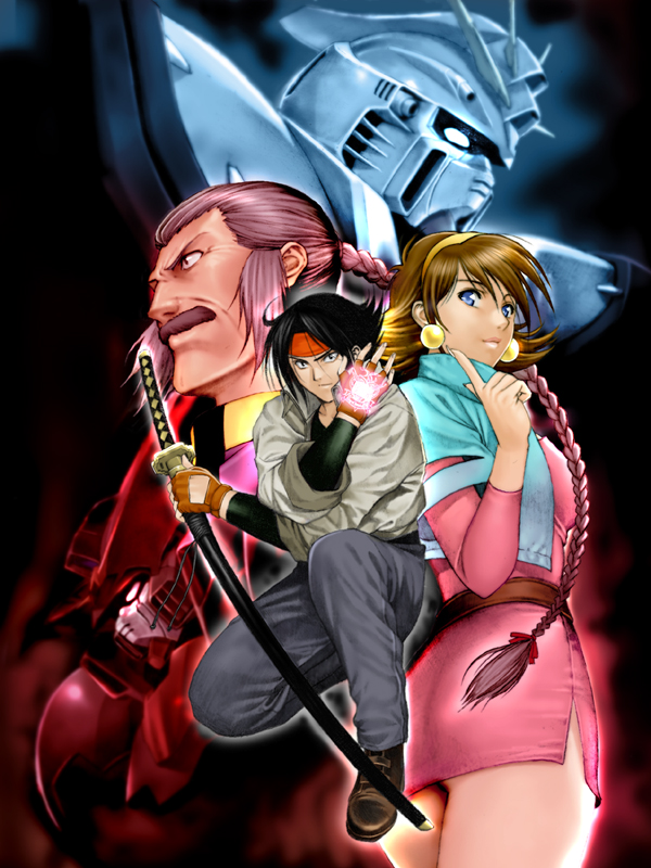 homare (fool's art), domon kasshu, god gundam, master asia, master gundam, rain mikamura, g gundam, gundam, 1990s (style), 1girl, 2boys, ass, breasts, large breasts, mecha, miniskirt, multiple boys, retro artstyle, robot, skirt, sword, weapon