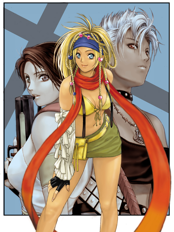 homare (fool's art), paine, paine (ff10), rikku (ff10), yuna, yuna (ff10), final fantasy, final fantasy x, final fantasy x-2, square enix, 00s, 3girls, blonde hair, breasts, brown hair, cleavage, fingerless gloves, gloves, gun, hair ornament, large breasts, medium breasts, multiple girls, scarf, sideboob, sphere hair ornament, weapon, white hair