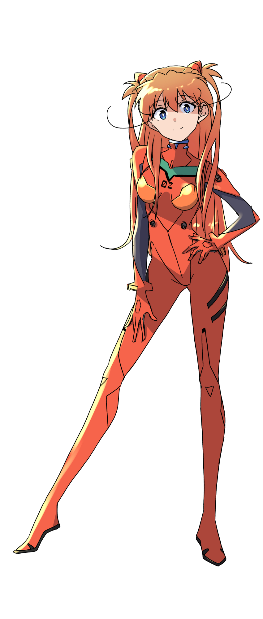 sashimi (sasihmi), souryuu asuka langley, neon genesis evangelion, highres, 1girl, alternate hair length, alternate hairstyle, blue eyes, bodysuit, breasts, curvy, full body, hand on own hip, interface headset (evangelion), legs apart, long hair, looking at viewer, mecha pilot suit, orange hair, red bodysuit, simple background, smile, solo, standing, two side up, very long hair, white background