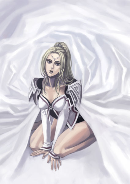 kareji, rosa farrell, final fantasy, final fantasy iv, 1990s (style), 1girl, blonde hair, breasts, cape, cleavage, female focus, kneeling, large breasts, ponytail, purple eyes, solo