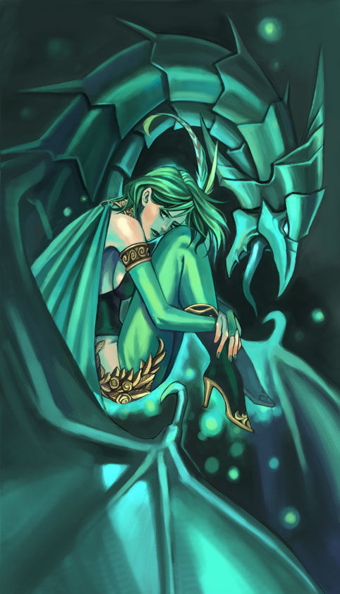 kareji, bahamut (final fantasy), rydia (adult) (ff4), rydia (ff4), final fantasy, final fantasy iv, 1990s (style), 1girl, boots, breasts, bridal gauntlets, cape, dragon, elbow gloves, female focus, fingerless gloves, gloves, green boots, green eyes, green hair, high heels, medium breasts, retro artstyle, shoes, sideboob, solo, thighhighs, tongue, wings
