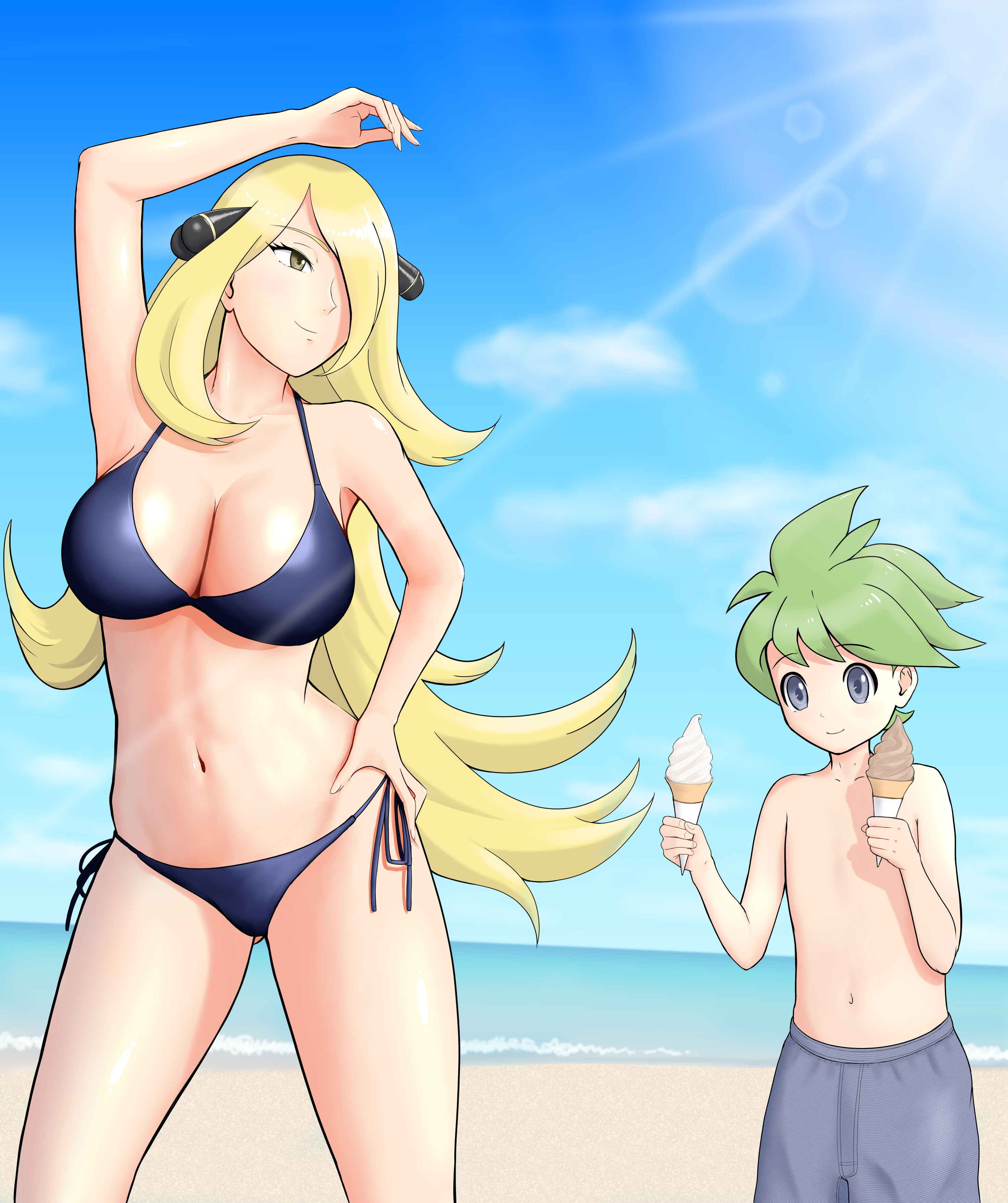 cynthia (pokemon), wally (pokemon), nintendo, pokemon, pokemon dppt, pokemon oras, pokemon rse, age difference, bikini, black bikini, blonde hair, food, green hair, ice cream, ice cream cone, older female and younger male, size difference, swimsuit, younger boy