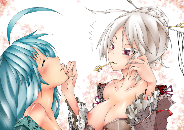 viola (seed), original, bad id, bad pixiv id, 2girls, ahoge, blush, breasts, closed eyes, green hair, large breasts, long hair, mouth hold, multiple girls, nipples, red eyes, white hair, yuri
