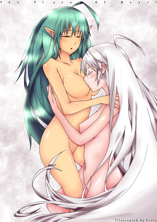 viola (seed), original, bad id, bad pixiv id, 2girls, ahoge, blush, breast sucking, breasts, cleavage, closed eyes, couple, elf, green hair, hug, kiss, leg between thighs, long hair, multiple girls, navel, nipples, nude, pointy ears, white hair, yuri