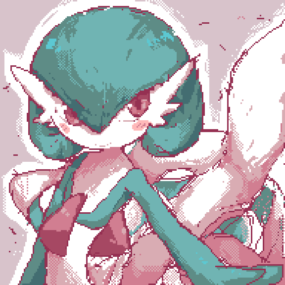 rr (user hcrd3433), gardevoir, nintendo, pokemon, 1girl, arm at side, blush, blush stickers, bob cut, closed mouth, colored skin, female focus, flat chest, gen 3 pokemon, green hair, green skin, grey background, hair between eyes, happy, looking to the side, multicolored skin, outline, outstretched arm, pixel art, pokemon (creature), red eyes, short hair, simple background, smile, solo, standing, two-tone skin, upper body, white outline, white skin