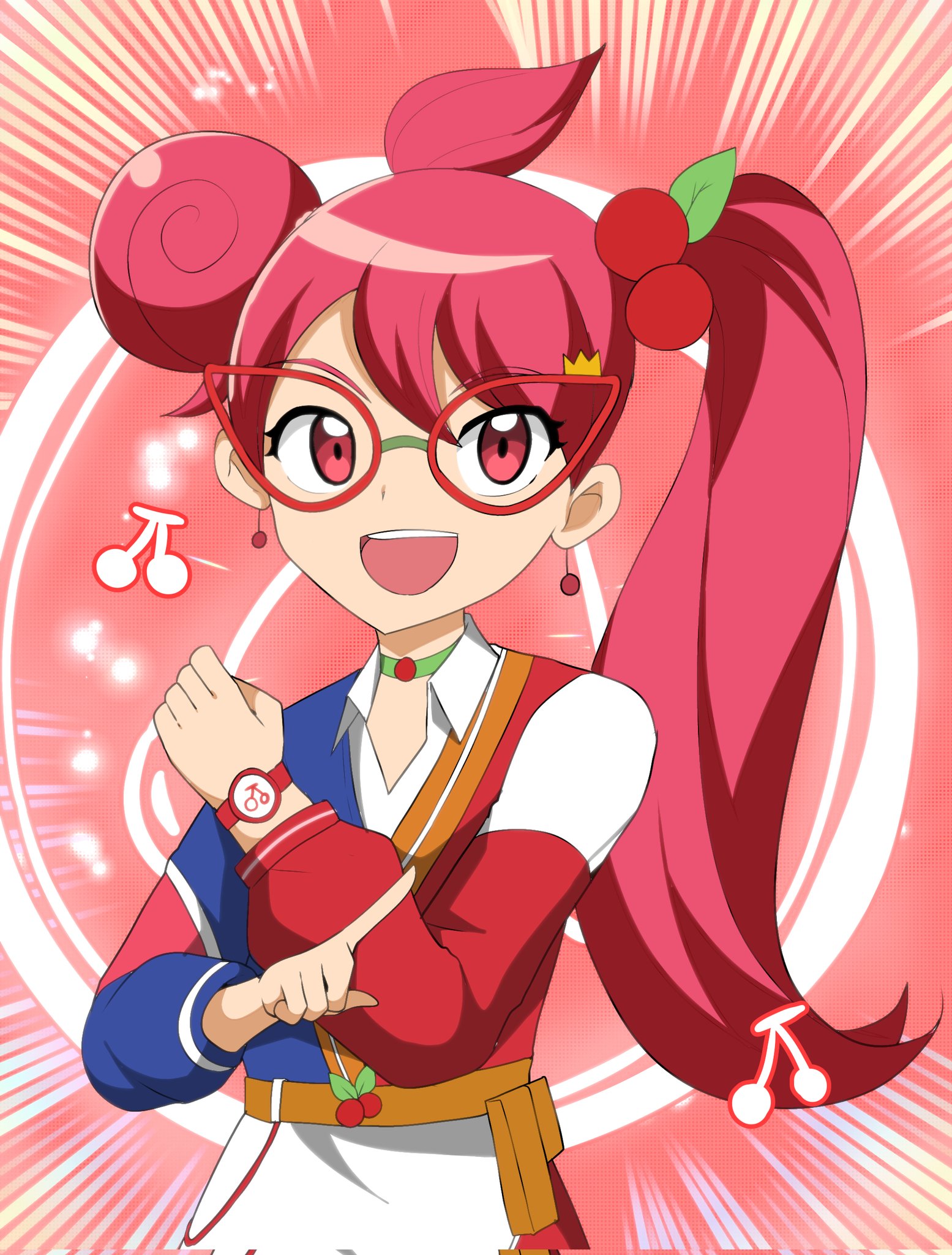 cherry (tea tea cherry), tea tea cherry, highres, korean commentary, 1girl, bitechoicar70, korean text, red eyes, red hair, smile