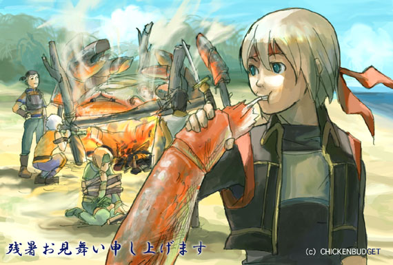 chickenbudget, giant enemy crab, jewel (suikoden), keneth (gensou suikoden), lazlo (gensou suikoden), paula (suikoden), tal (suikoden), gensou suikoden, gensou suikoden iv, silver hair, 2girls, 3boys, animal, beach, blonde hair, crab, crustacean, day, elf, fire, headband, multiple boys, multiple girls, oversized animal, pointy ears, short hair