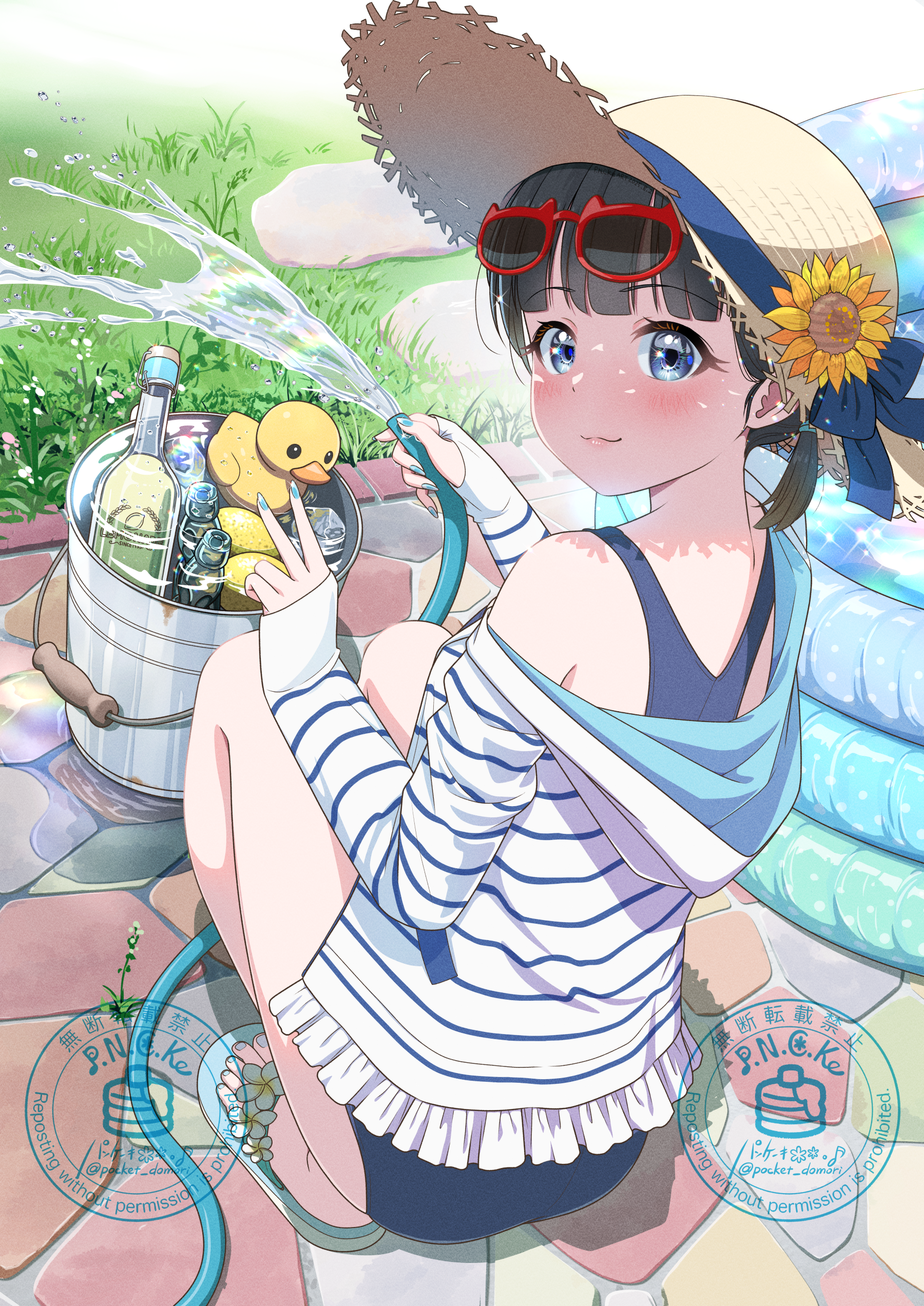pancake (pocket domori), original, absurdres, commentary request, highres, variant set, 1girl, :3, aqua nails, aqua sandals, artist logo, ass, black hair, blue eyes, blue one-piece swimsuit, blue ribbon, blush, bucket, cardigan, closed mouth, cobblestone, day, eyewear on head, flower, full body, glass bottle, grass, hands up, hat, hat flower, hat ribbon, holding, holding hose, hood, hooded cardigan, hose, logo, long sleeves, looking at viewer, looking back, nail polish, one-piece swimsuit, open cardigan, open clothes, outdoors, red-framed eyewear, ribbon, rubber duck, sandals, shade, short hair, sleeves past wrists, solo, sparkle, squatting, straw hat, striped cardigan, summer, sunglasses, sunlight, swimsuit, toenail polish, toenails, toes, turning head, wading pool, water, watermark, white cardigan, yellow flower