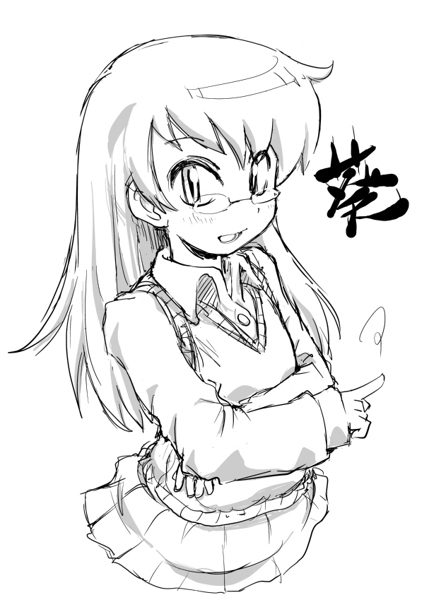 yam (nekobeya), yam (pixiv), nogami aoi, zettai karen children, 00s, 1girl, female focus, glasses, greyscale, monochrome, school uniform, simple background, sketch, solo