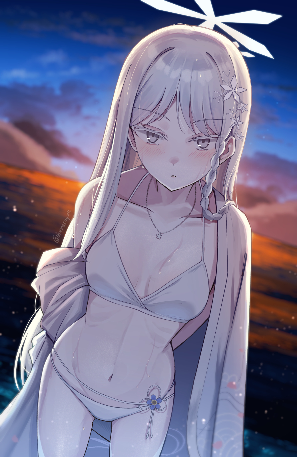 hexaroque, nagusa (blue archive), nagusa (swimsuit) (blue archive), blue archive, highres, 1girl, arms behind back, bikini, blush, braid, breasts, cloud, cowboy shot, evening, grey eyes, grey hair, hair ornament, halo, japanese clothes, long hair, looking at viewer, ocean, outdoors, pale skin, parted lips, side braid, sky, small breasts, snowflake hair ornament, solo, sunset, swimsuit, twitter username, very long hair, water, wet, white bikini