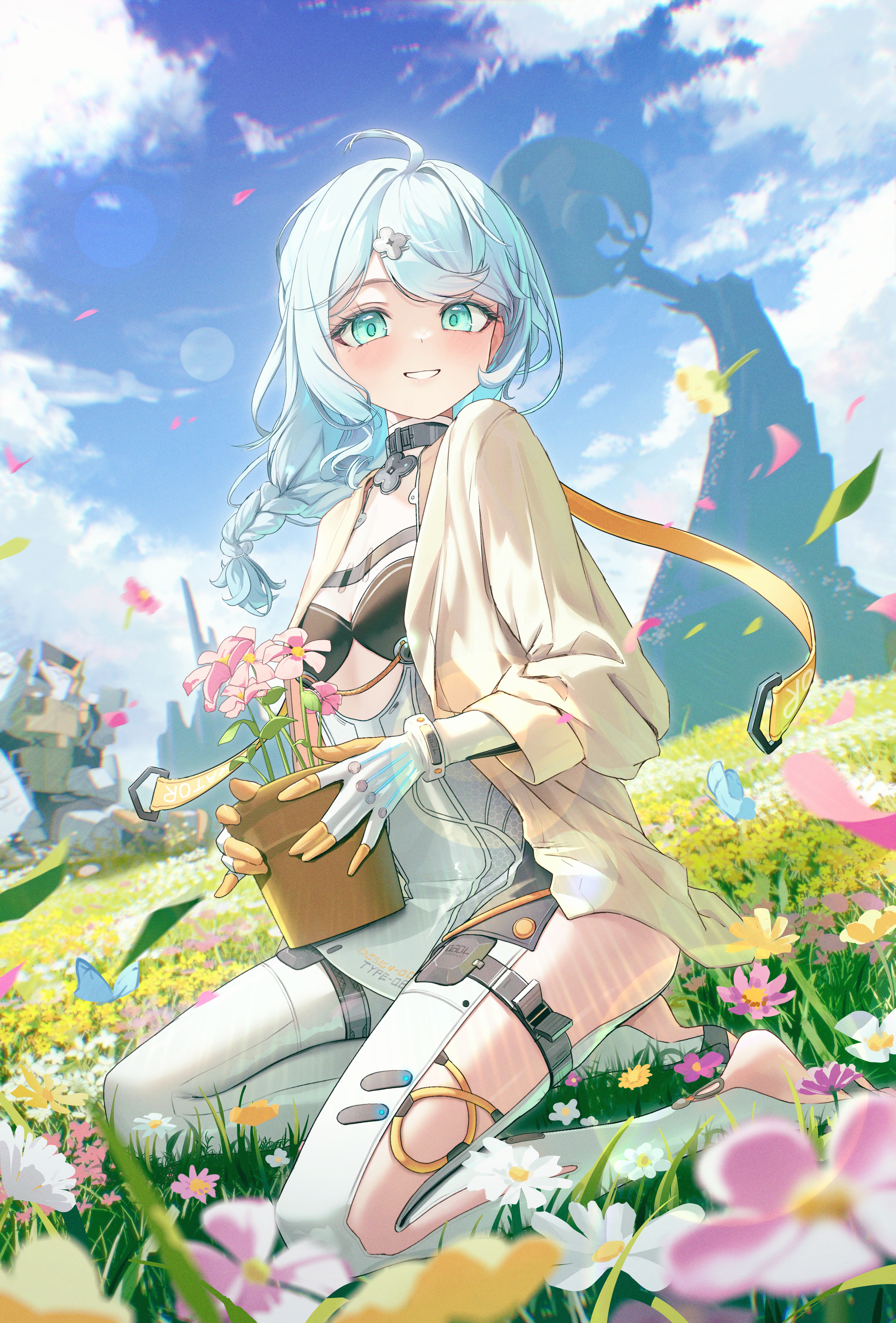 chiu538, seed (zenless zone zero), zenless zone zero, absurdres, highres, 1girl, blue hair, blue sky, blush, braid, breasts, clenched teeth, clothing cutout, field, flower, flower field, flower hairpin, formal clothes, green eyes, grey shirt, hair ornament, hairpin, long hair, looking at viewer, plant, potted plant, see-through dress layer, shirt, side cutout, sitting, sky, small breasts, solo, stirrup legwear, suit, teeth, toeless legwear, white suit, yokozuwari