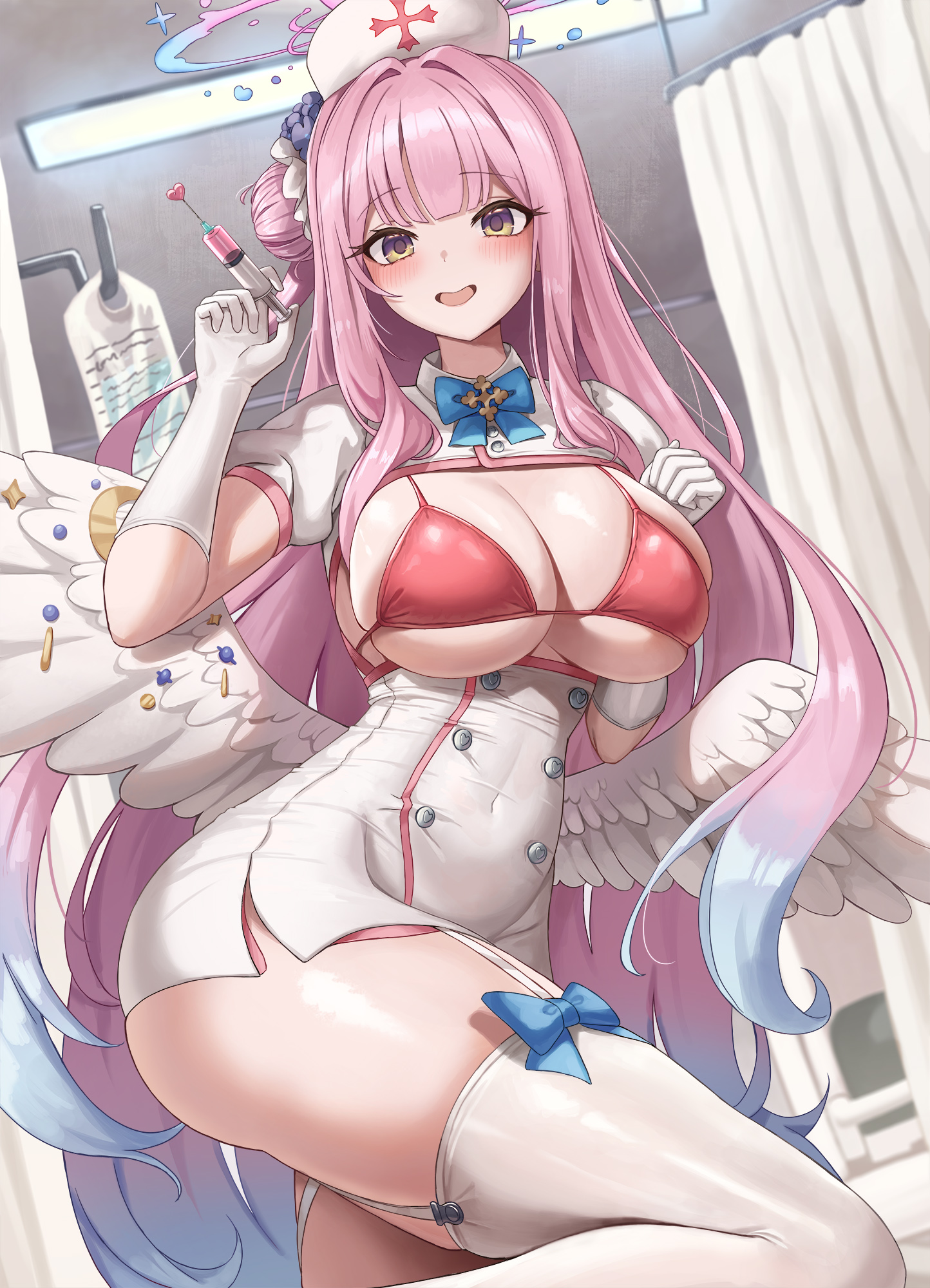 slime nyang, mika (blue archive), blue archive, commentary request, highres, 1girl, :d, alternate costume, ass, bikini, blue bow, blue bowtie, blush, bow, bowtie, breasts, cleavage, elbow gloves, gloves, hair bun, hat, holding, holding syringe, indoors, long hair, looking at viewer, low wings, multicolored hair, nurse cap, open mouth, pink hair, red bikini, short sleeves, single hair bun, smile, swimsuit, syringe, thighhighs, thighs, underboob, very long hair, white gloves, white thighhighs, white wings, wings, yellow eyes