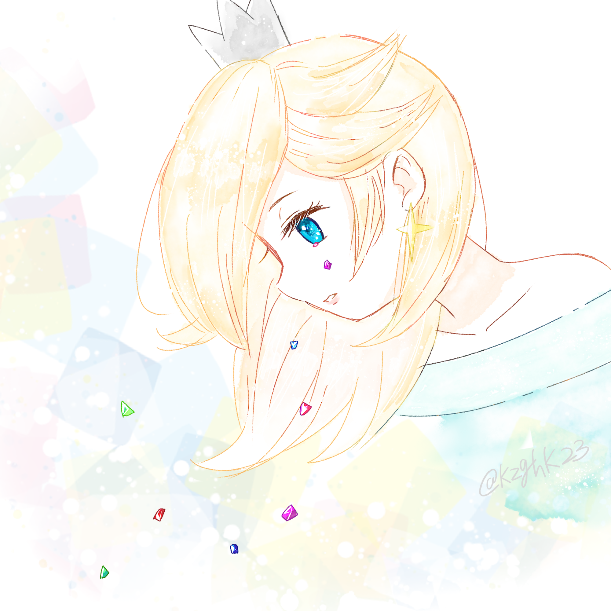 rosalina, mario (series), nintendo, super mario galaxy, highres, 1girl, blonde hair, blue dress, blue eyes, crown, dress, earrings, eyelashes, from side, jewelry, kzghk23, long hair, looking down, off-shoulder dress, off shoulder, parted lips, solo, star (symbol), star bit, star earrings, tears, twitter username, upper body