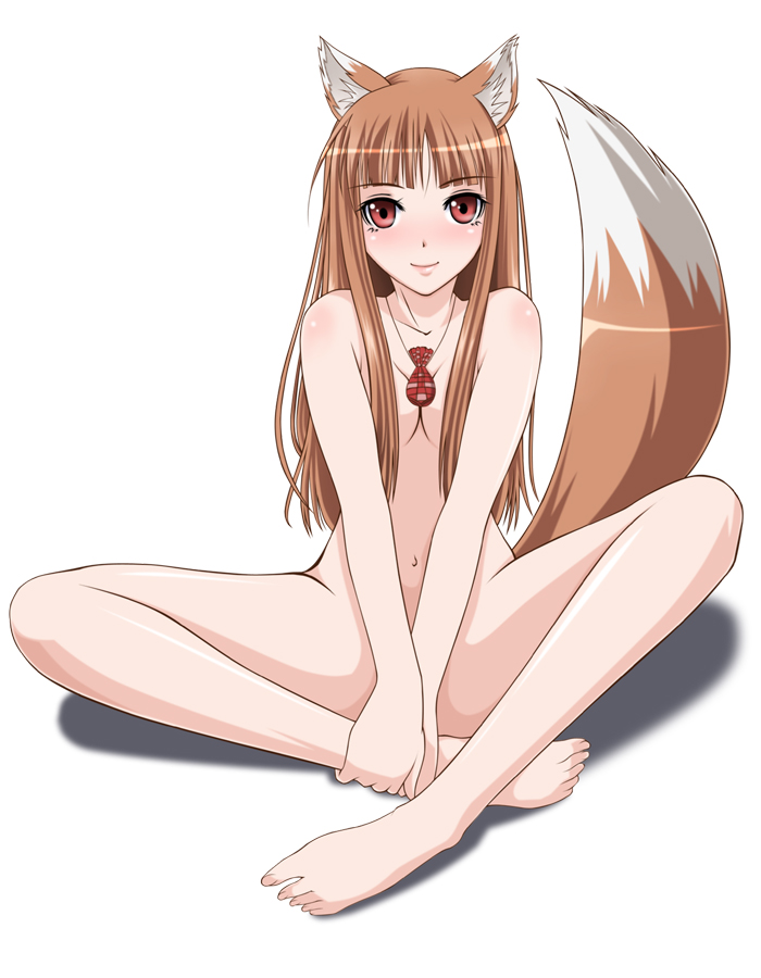 chiro, holo, spice and wolf, bad id, bad pixiv id, 00s, 1girl, animal ears, barefoot, breasts, brown hair, cleavage, completely nude, feet, female focus, full body, hair censor, hair over breasts, hands on feet, indian style, long hair, looking at viewer, moon cat, navel, nude, red eyes, red hair, simple background, sitting, small breasts, solo, tail, white background, wolf ears, wolf tail